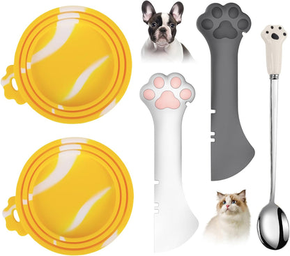 Comtim 5 PCS Pet Food Can Lids & Spoons Set - Silicone Dog Cat Covers With Multi-Function Spatula Opener for Wet Food - Long Handle Easy to Scoop