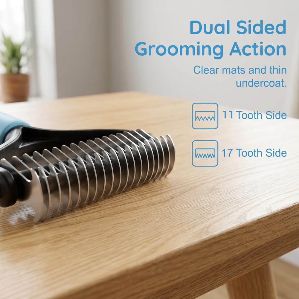 Pet Grooming Tool, Dual-Sided Pet Grooming Comb for Long Hair Dogs & Cats, Double Teeth Pet Grooming Comb, Double Sided Deshedding Pet Rake for Shedding (Blue*L)