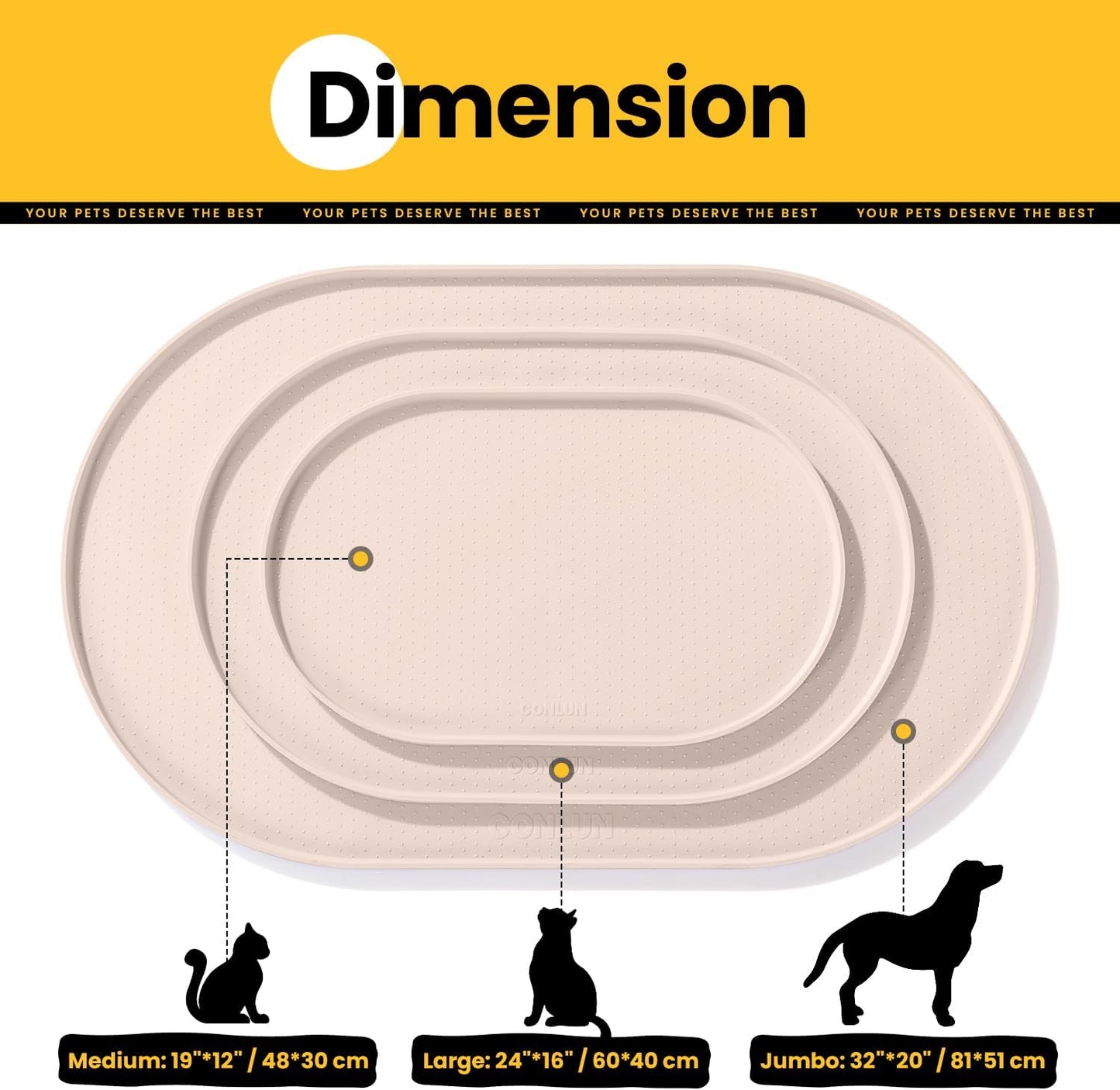 Conlun Dog Food Mat,1/2 Inch Raised Edges Cat Feeding Mat,BPA-Free Silicone Pet Mats for Floor Waterproof,Rubber Placemats for Food and Water Bowls(Natural Tan,18.9"x11.8")