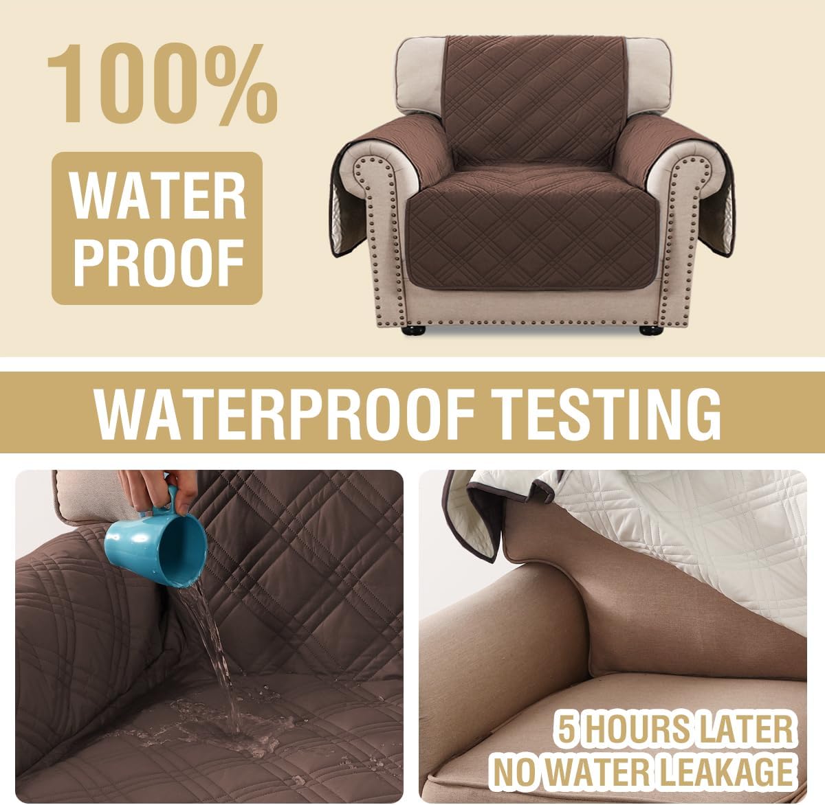 H.VERSAILTEX 100% Waterproof Slipcovers for Couches and Sofas Modern Pet Couch Cover Thick Soft Furniture Protector with Elastic Straps(Sofa, Lily Pad/Beige)