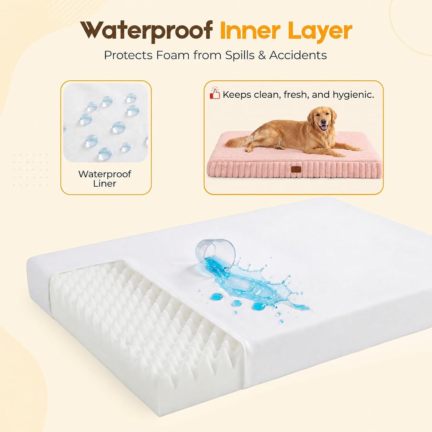 Orthopedic Dog Bed for Large Dog, Waterproof Pet Bed,Non-Slip Bottom and Egg-Crate Foam with Removable Washable Cover Crate Bed,Cream,36"x27"x3"