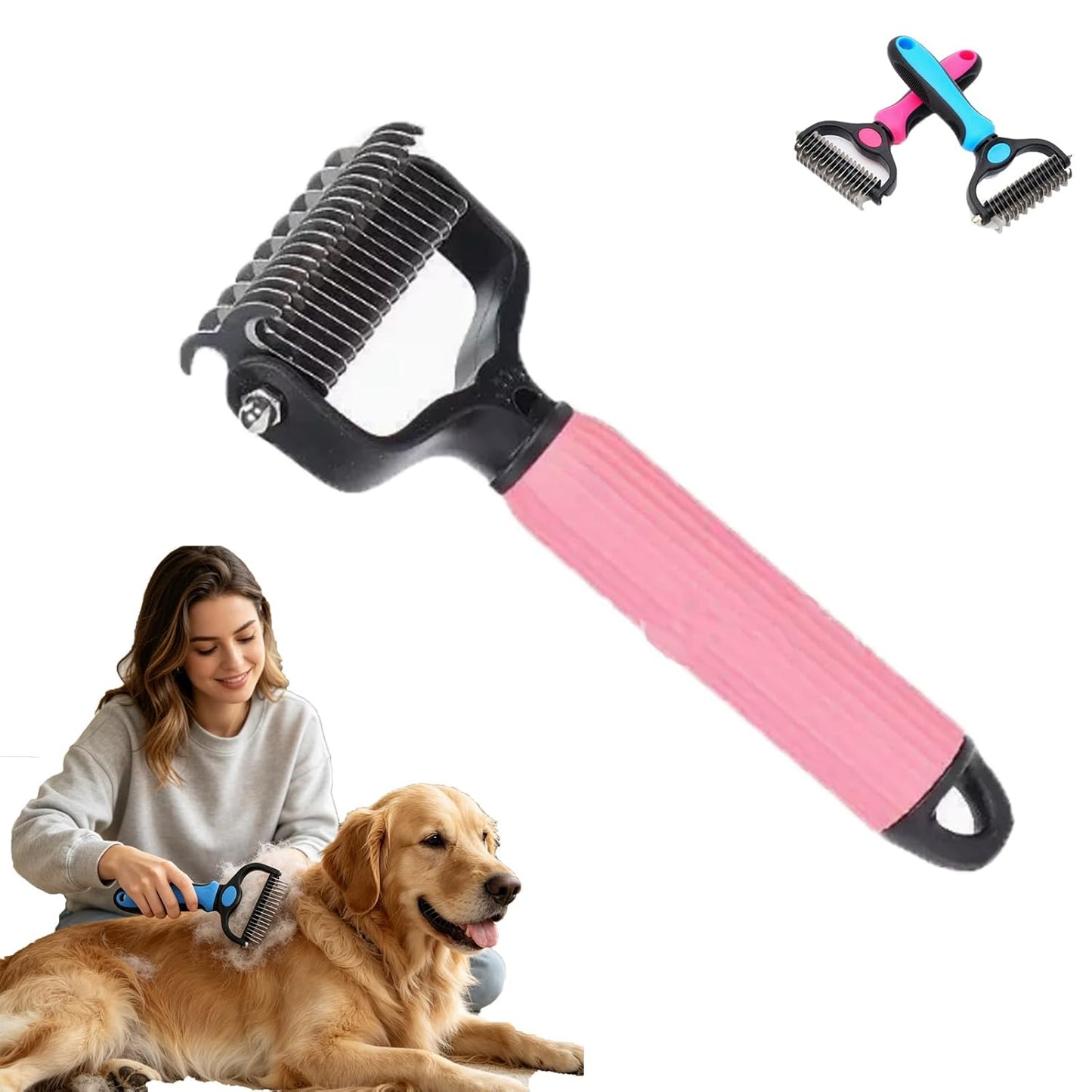 Acssart Pet Grooming Brush – Double Sided Undercoat Rake & Dematting Comb For Dogs And Cats, Detangling Tool For Matted Fur, Ideal For Medium Or Long Haired Breeds (Blue, Small)