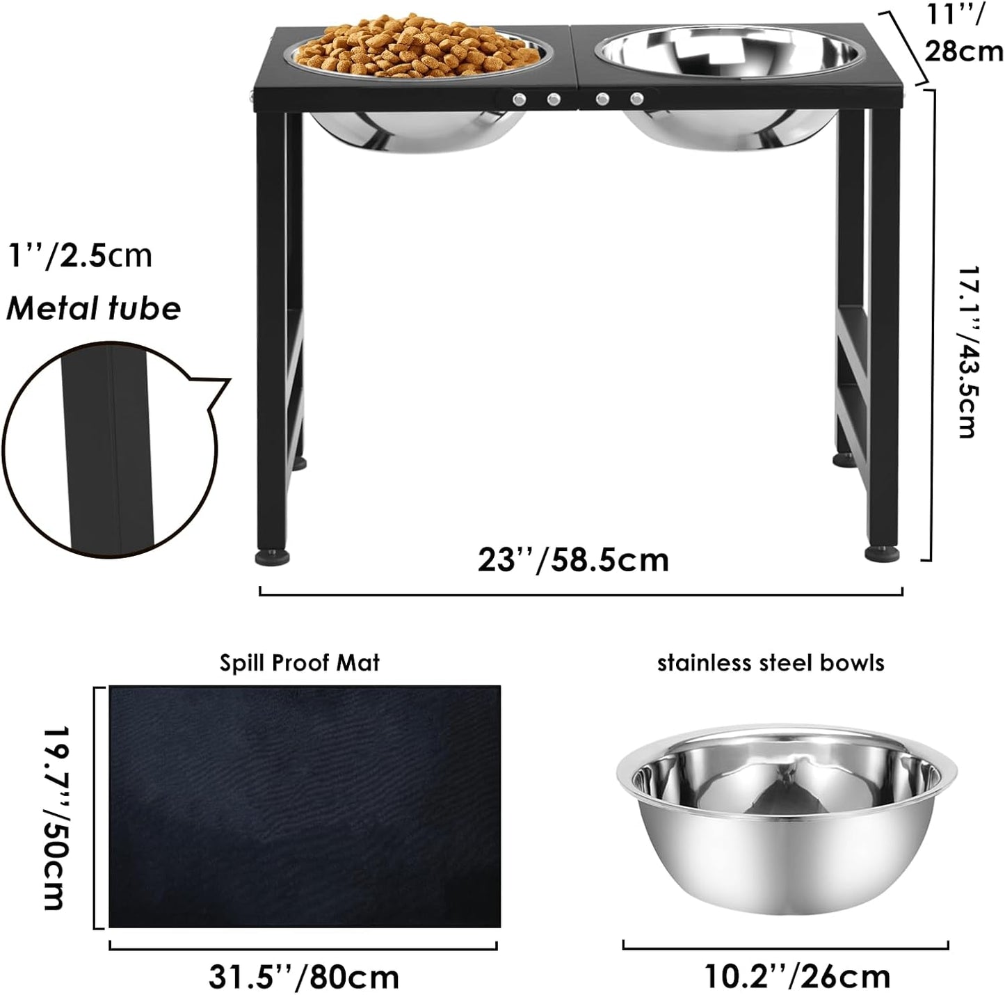 ADENGL Metal Raised Dog Bowl, 10" Tall Elevate Dog Feeder Stand with 2 Stainless Steel 42oz Bowls & 16x24 Non-Slip Mat – Stronger Dogs Food & Water Bowl Stand (Black)