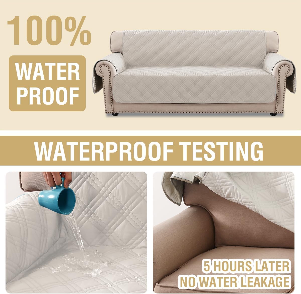 H.VERSAILTEX 100% Waterproof Slipcovers for Couches and Sofas Modern Pet Couch Cover Thick Soft Furniture Protector with Elastic Straps(Sofa, Lily Pad/Beige)