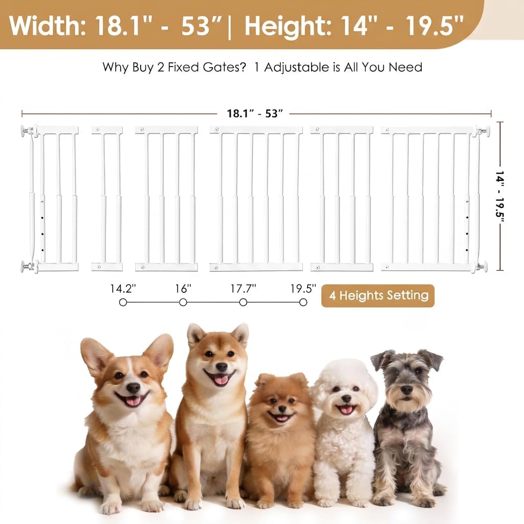10''-15.8'' Height Adjustable Dog Gate, Extra Wide 18.1"-46" All Metal Short Dog Gate to Step Over, Pressure Mount Small Pet Puppy Gate for Stairs & Doorways(White)