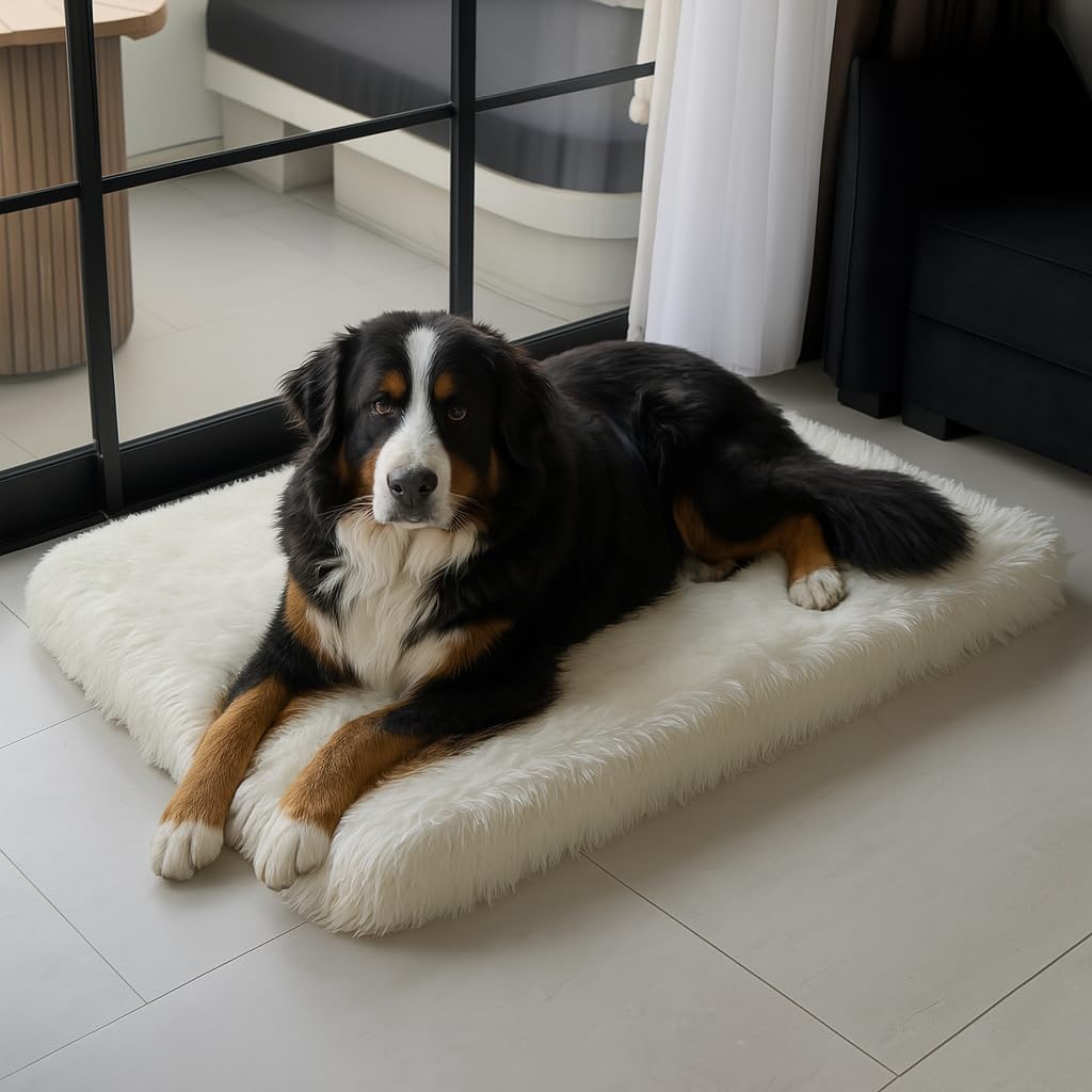 IHAPPYDOG Luxury Faux Fur Orthopedic Dog Bed, Memory Foam Dog Bed for Small, Medium, Large and XL Pets, Fluffy Pet Bed with Waterproof and Washable Cover (White w/Brown Tips, 50"x30")
