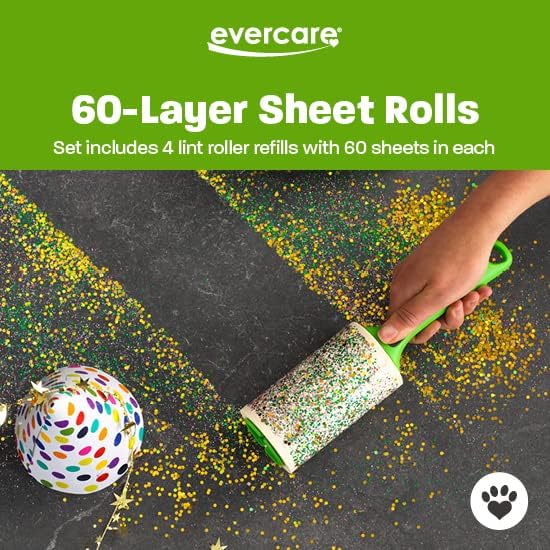 Evercare Pet Lint Roller Refill, Manual Operation, 60 Sheets per Roll, 6 Count Refill Pack for Pet Hair Removal, Green