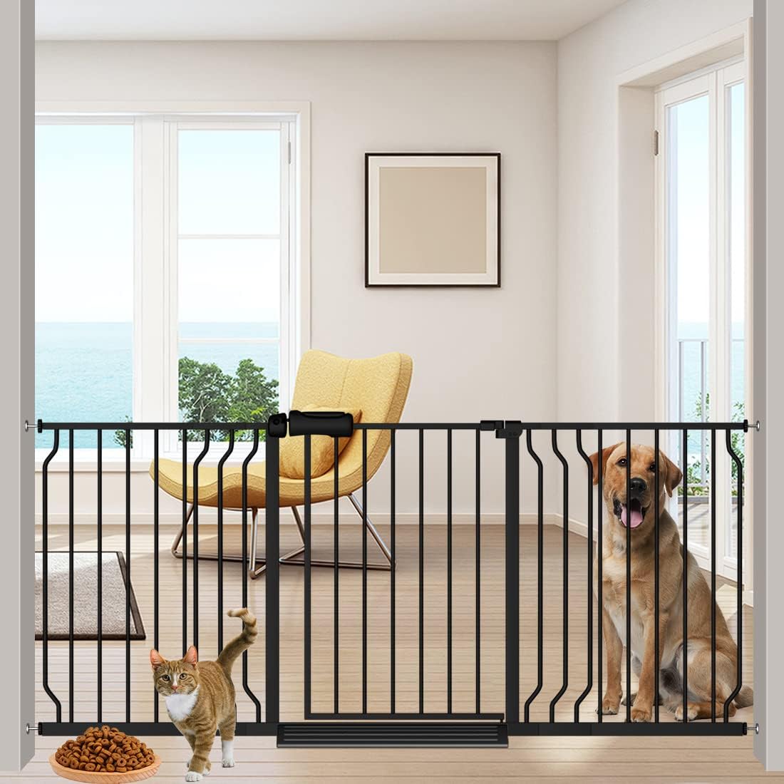 Extra Wide Baby Gate 57.5-62 Inch Black Walk THR Dog Gates Doorways House No Drill Pressure Mounted Auto Close Long Child Safety Gate for Kids and Pet