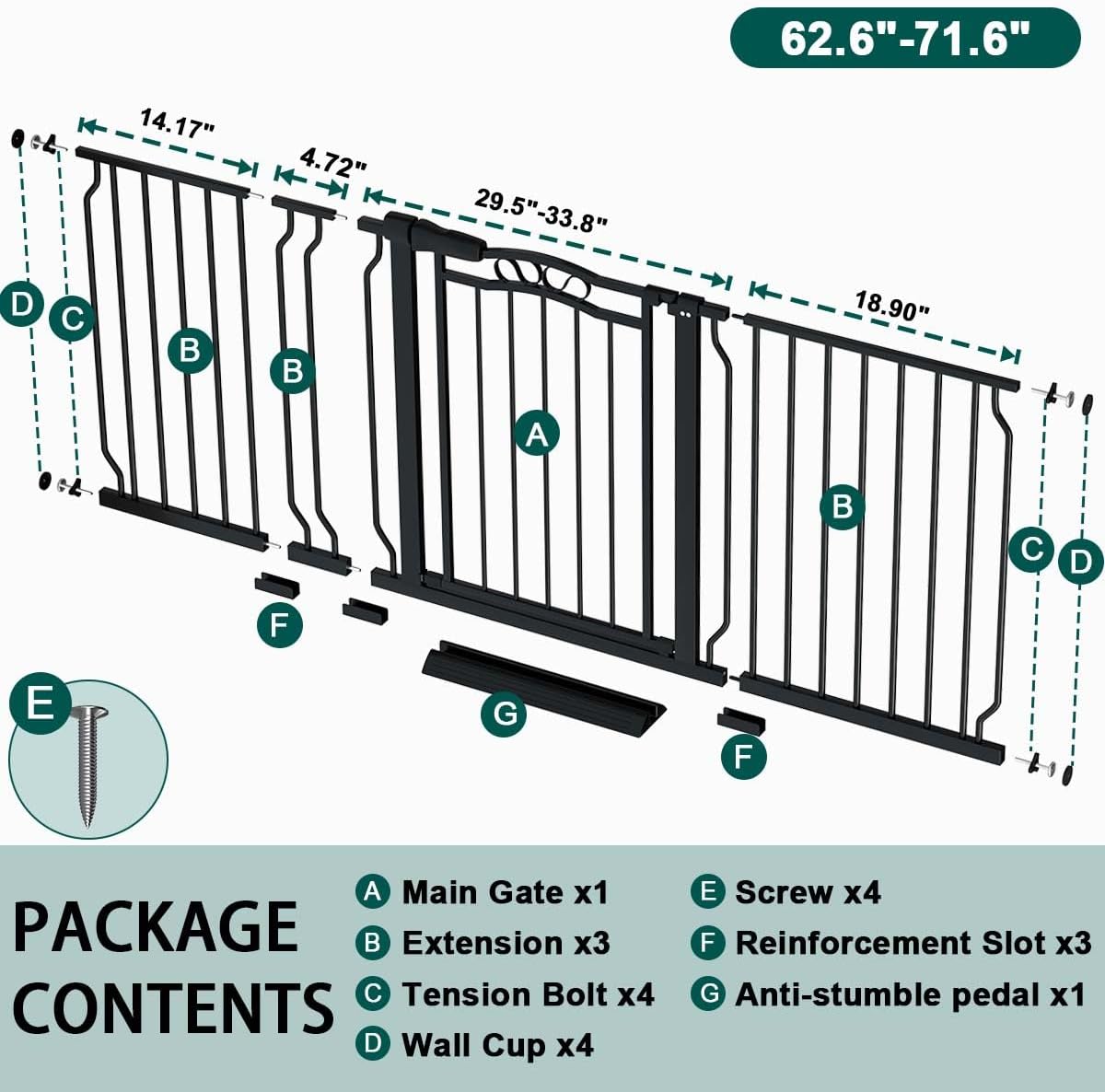 Fairy Baby 62.5"-71.6" Extra Wide Baby Gate Pressure Mount, Long Large Dog Gate Indoor Doorways Stairs, No Drill Safety Child Gate for Kids with Double Lock, Walk Thru Pet Gate for Puppy Doggy, Black