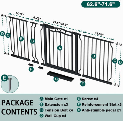 Fairy Baby 62.5"-71.6" Extra Wide Baby Gate Pressure Mount, Long Large Dog Gate Indoor Doorways Stairs, No Drill Safety Child Gate for Kids with Double Lock, Walk Thru Pet Gate for Puppy Doggy, Black
