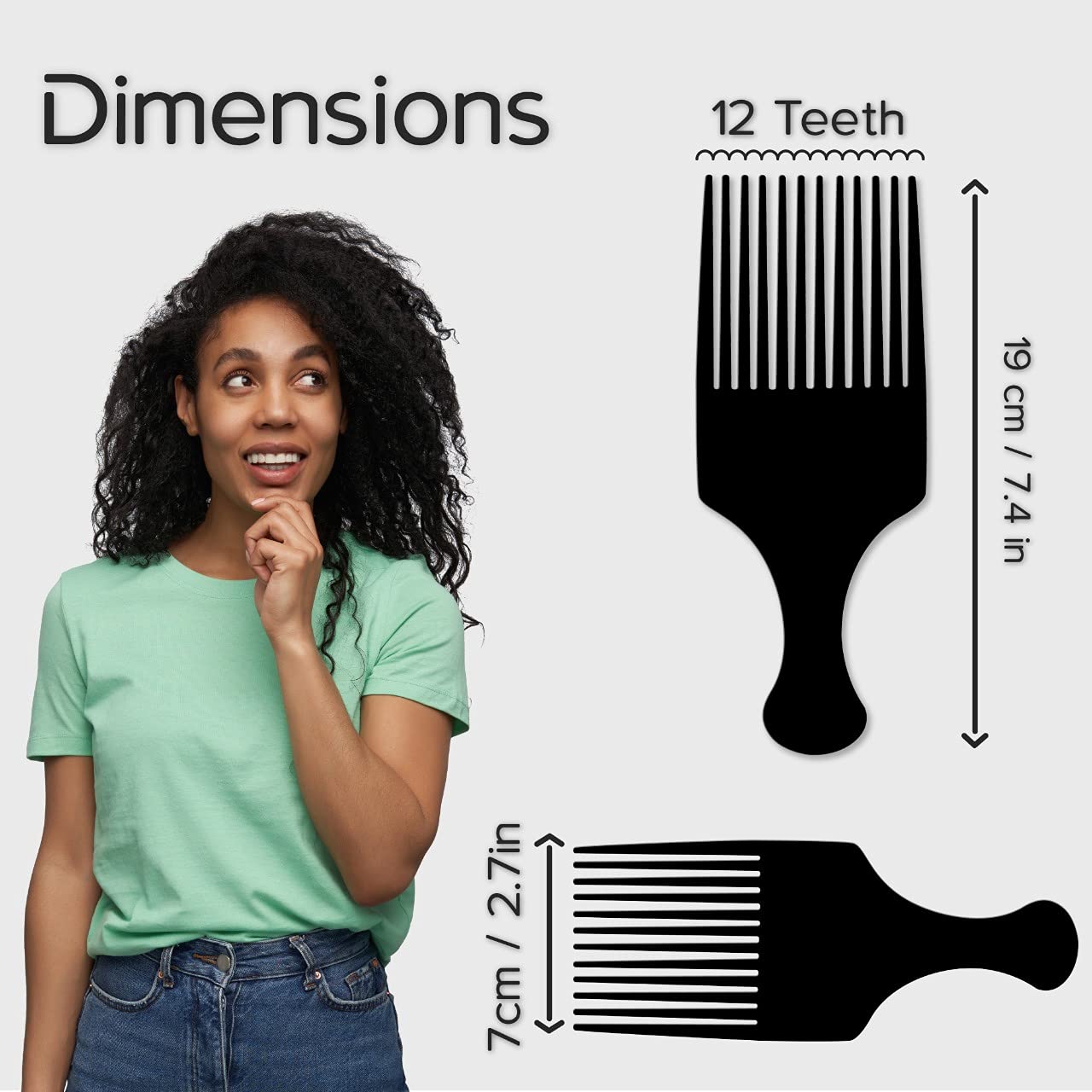 Boorika Afro Hair Pick Comb for Women & Men, 7.5 In Smooth Sturdy Wide Tooth for Detangling & Styling - Pack of 2