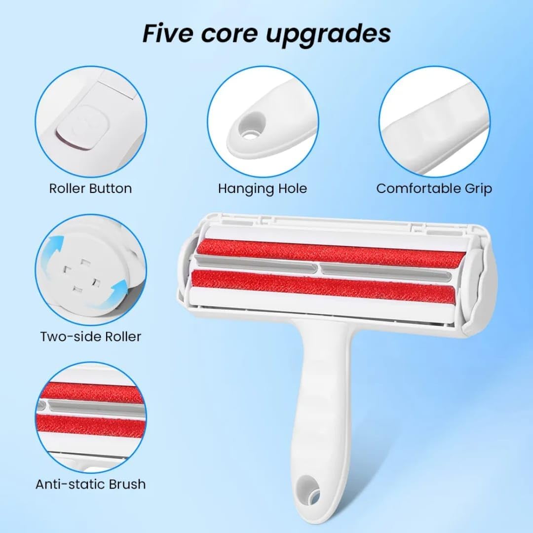 EcoPet's Pet Hair Remover – Reusable Lint Roller for Cat & Dog Fur on Furniture, Clothes, Couch, Carpet, Car, Rugs & Bedding – Portable Hair Removal Tool, Eco-Friendly, Upgraded Handle (White & Red)