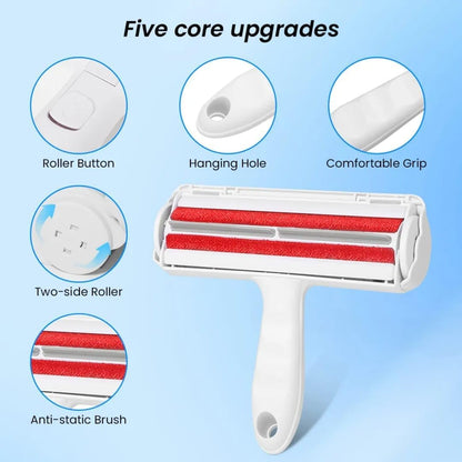 EcoPet's Pet Hair Remover – Reusable Lint Roller for Cat & Dog Fur on Furniture, Clothes, Couch, Carpet, Car, Rugs & Bedding – Portable Hair Removal Tool, Eco-Friendly, Upgraded Handle (White & Red)