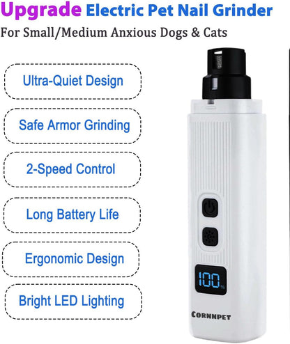 Electric Dog Nail Grinder with 2 Level LED Lights, 2 Speed 30dB Super Quiet and Low Vibration Turbo Charge Pet Nail Grinder for Small Dogs and Cats - White