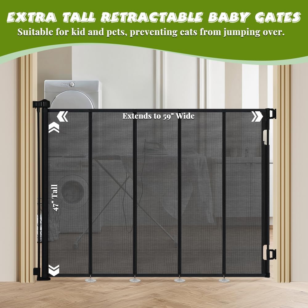 47" Extra Tall Retractable Baby Gates, Extends to 71" Wide, ExtraTall Retractable Safety Gate with Reinforced Strips, Retractable Tall Dog Gates for Doorways Mesh Baby Pet Gates Indoor, Grey