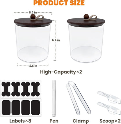 HOYTAMDAR 3 Pack Airtight Dog Food Storage Container, Dog Treat Container Dog Food Container with Wood Lids 8x7''&6x5'',Pet Food Storage Container,Cat Food Containers with Scoops,Clamp,Labels,Pens