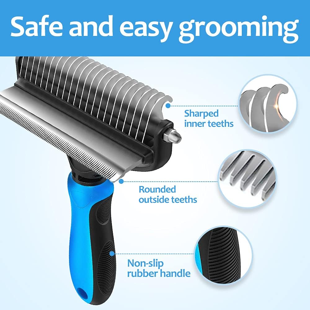 Undercoat Rake for Dogs, 2 in 1 Dematting Comb & Deshedding Tool for Long Hair Pets, Pet Hair Grooming Brush, Clear Mats and Tangles, Reduces Shedding by 95%