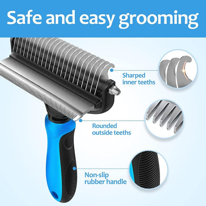 Undercoat Rake for Dogs, 2 in 1 Dematting Comb & Deshedding Tool for Long Hair Pets, Pet Hair Grooming Brush, Clear Mats and Tangles, Reduces Shedding by 95%