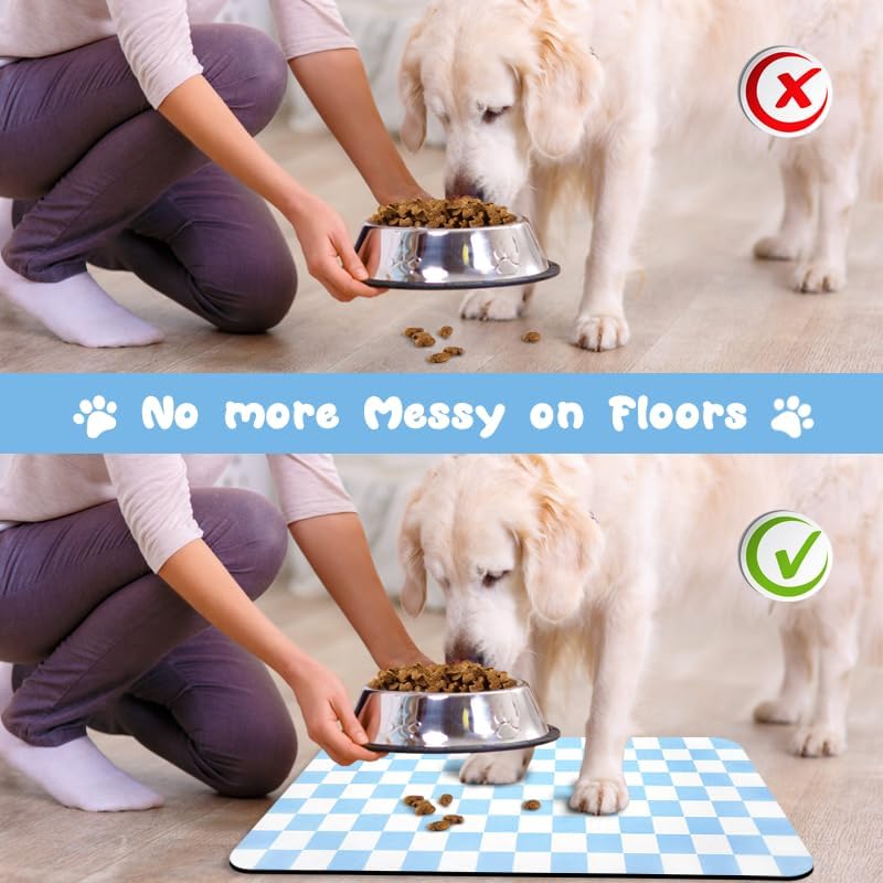 Dog Food Mats for Floors Waterproof, Pet Water Bowl Mats Pet Feeding Absorbent Placemats Plaid 12 * 20 inch
