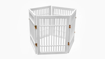 Urnporium Freestanding Wooden Dog Gate for Doorways – Foldable Acacia Wood Pet Gate, No Drill Portable Indoor/Outdoor Puppy Fence Barrier (White Pet Gate, 3 Panel 24" Tall)