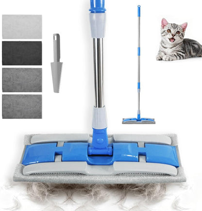 Electrostatic Dust Clip-On Mop for Pet Hair, 57" Adjustable Long Handle, 360° Rotating Head, 2 Reusable Static Cloths, 2 Microfiber Cloths & 1 Scraper, Ideal for Pet Loose Hair & Daily Dust Cleaning
