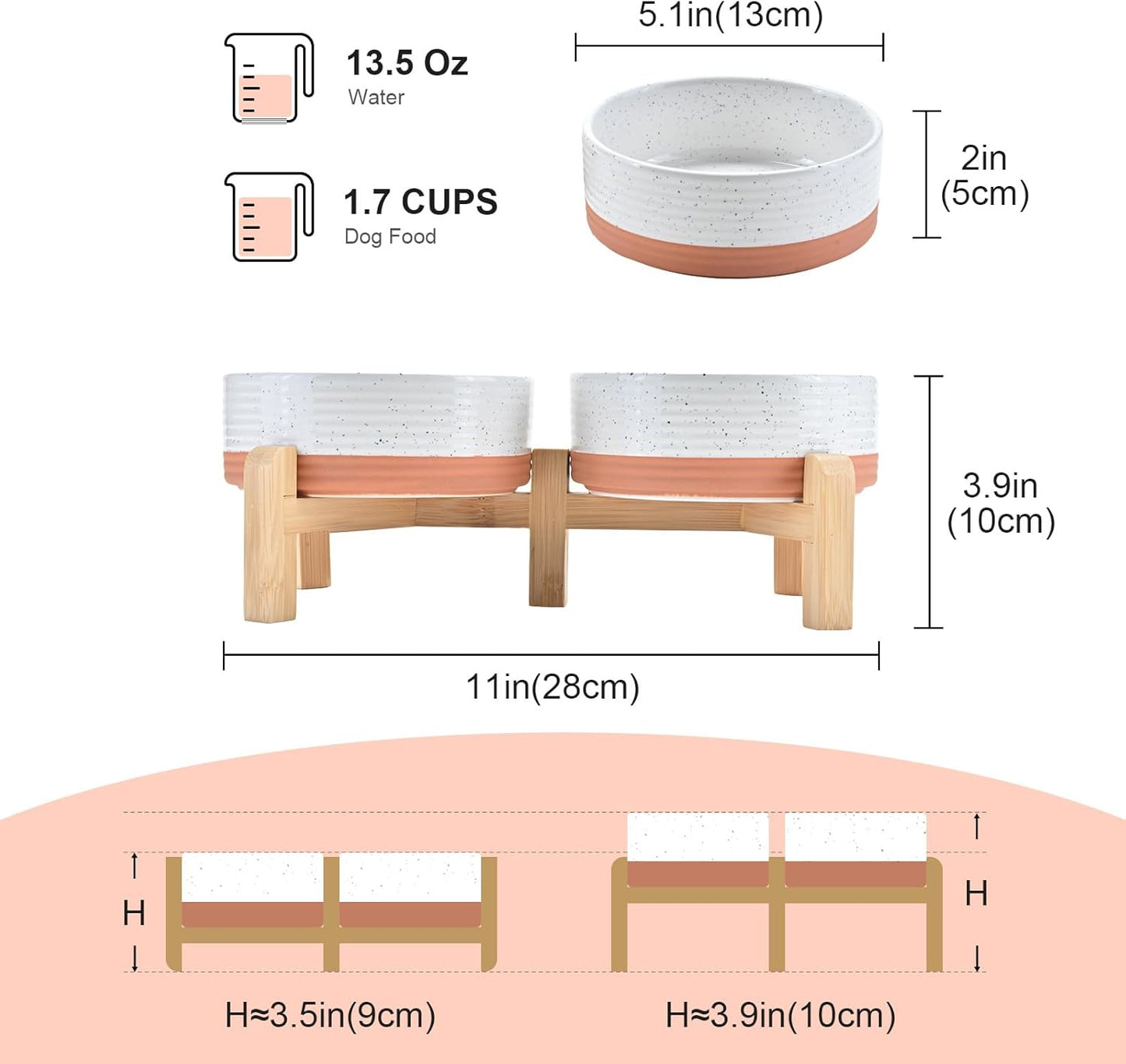 SPUNKYJUNKY Elevated Dog Bowls Ceramic, 6.1'' Dogs and Cat Food Water Bowls Raised with Non-Slip Bamboo Stand for Medium Sized Breed Microwave Dishwasher Safe - 28.7 OZ,Beige