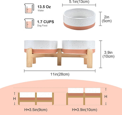 SPUNKYJUNKY Elevated Dog Bowls Ceramic, 6.1'' Dogs and Cat Food Water Bowls Raised with Non-Slip Bamboo Stand for Medium Sized Breed Microwave Dishwasher Safe - 28.7 OZ,Beige