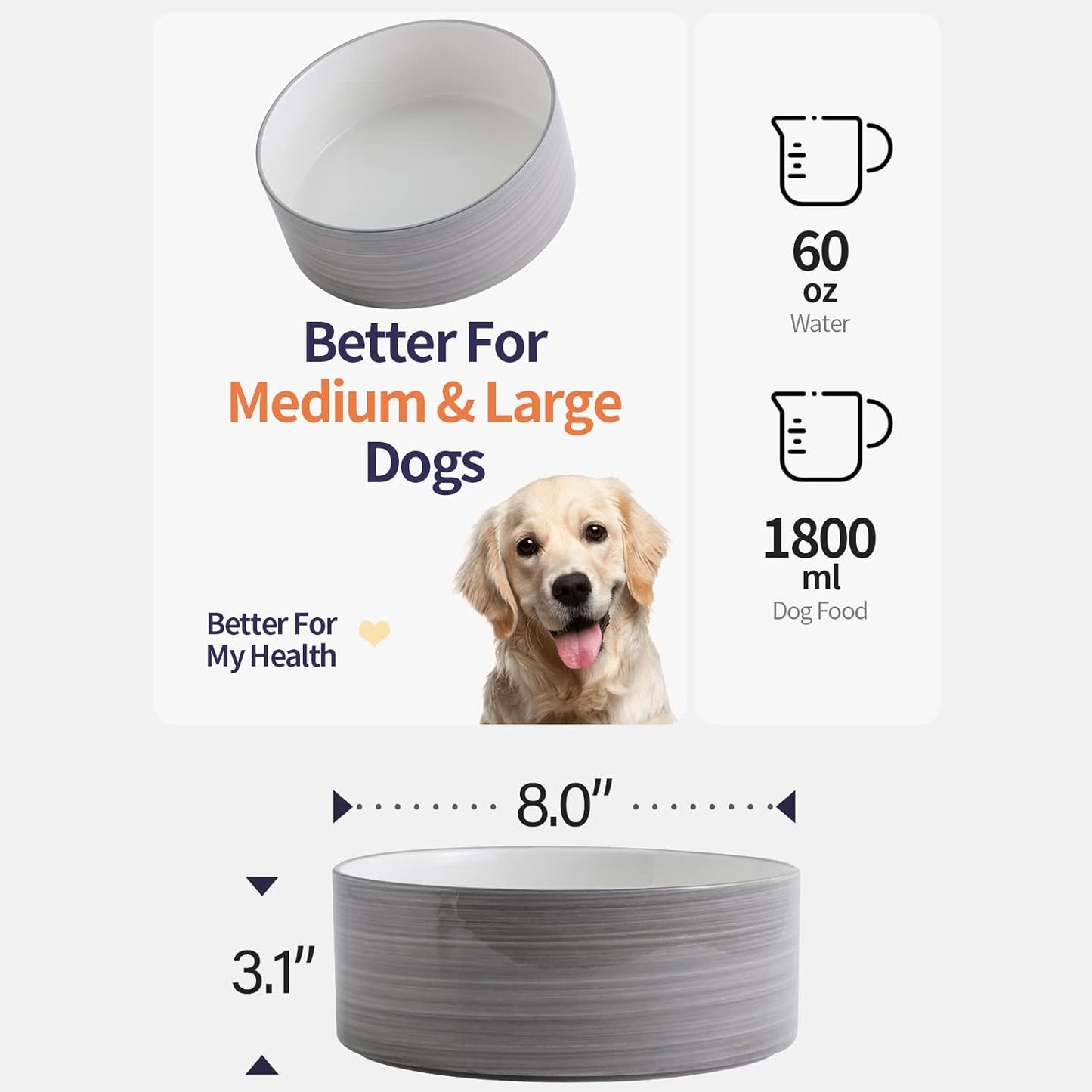 Black Elevated/Raised Dog Bowl Ceramic with Wood Stand for Medium Large Breed,Dog Food Water Dish Heavy Weighted,8 in Non Slip Modern Cute Porcelain Pet Bowl Extra Large
