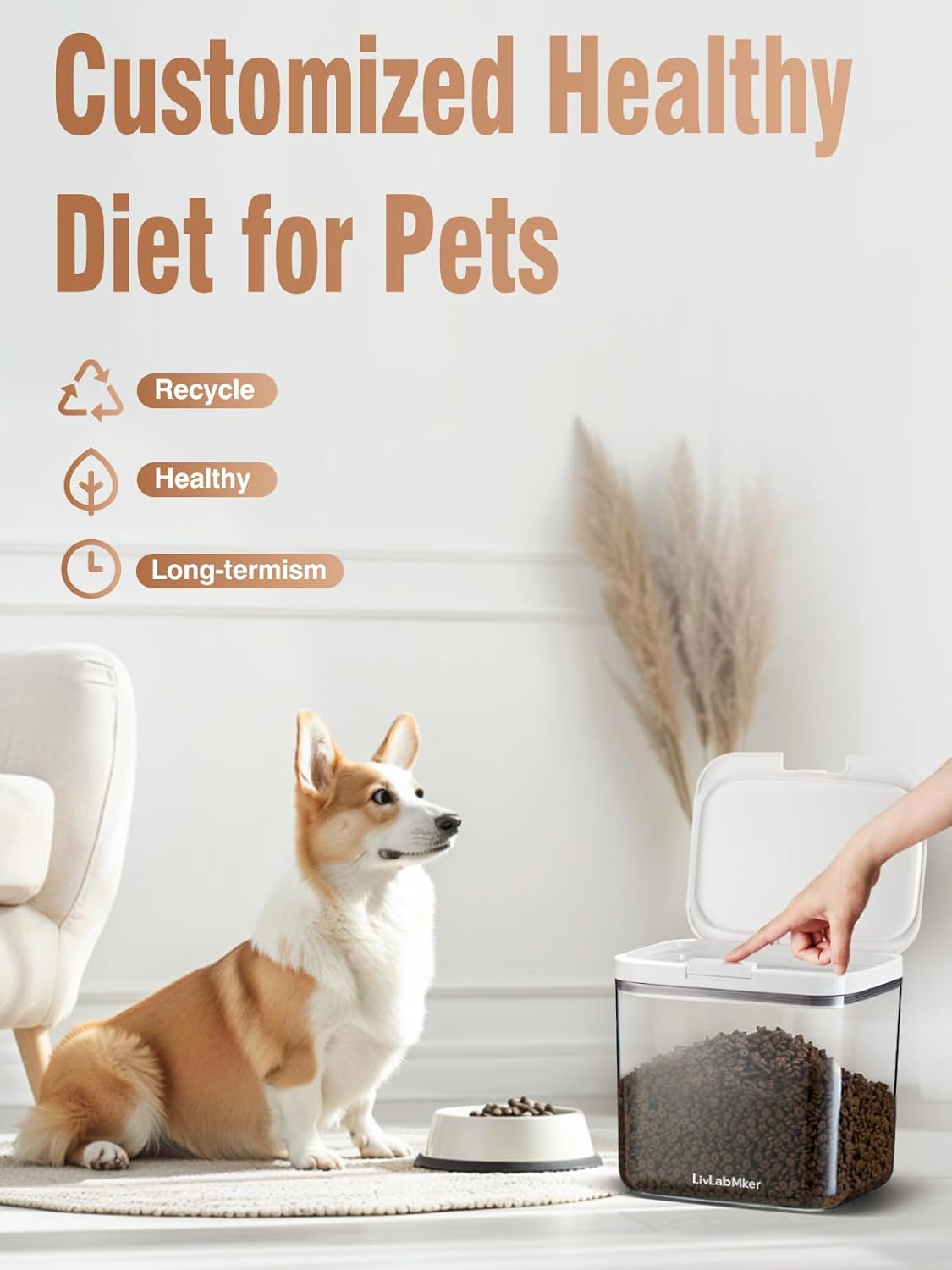 LivLab Mker Pet Food Storage Container 5 lbs Airtight Dog/Cat Food Container with Measuring Cup, BPA Free, Rice & Flour Storage Container for Dog Treats and Cat Food (3 lbs), White