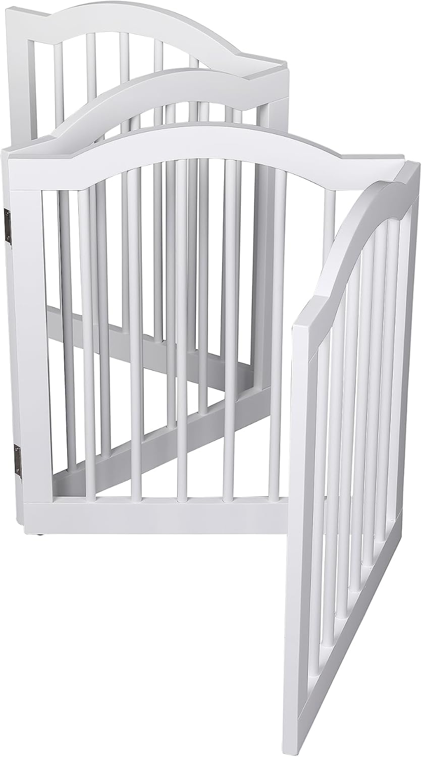 INTERNET'S BEST Arched Top Dog Gate | 4 Panel, 24" H Wooden Pet Barrier for Dogs or Cats | Freestanding Folding Room Divider for Doorways, Hallways, Stairs, and Porch | Portable, Extra Wide | Espresso