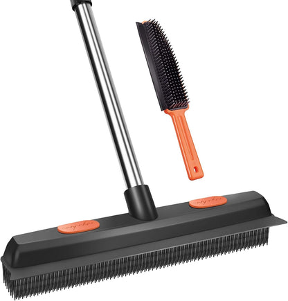 Pet Carpet Hair Rubber Broom with 49inch Long Handle, Portable Detailing Lint Remover, Soft Push Broom for Fluff Carpet, Hardwood, Tile, Window