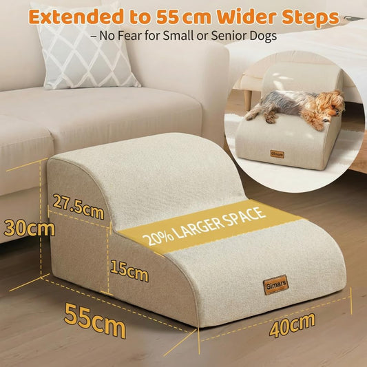 Gimars Upgraded 55CM Long Wide Steps 2 Step Dog Stairs for Small, Medium & Senior Dogs, 30CM High Ramp with 33D High-Density Foam, Linen Cover, Non-Slip Base, Supports 30KG, for Bed & Sofa