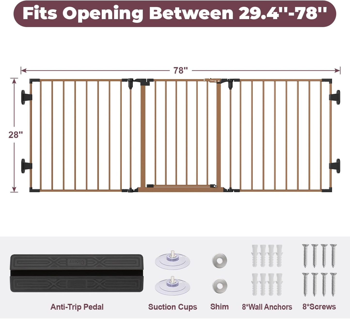 29.4-78" Extra Wide Baby Gate, Long Dog Gates Indoor for Doorways Stairs, Essential Large Safety Gate for Child Toddler with Anti-Trip Pedal, Adjustable Pet Gate, 28" Tall 3 Metal Panels Black