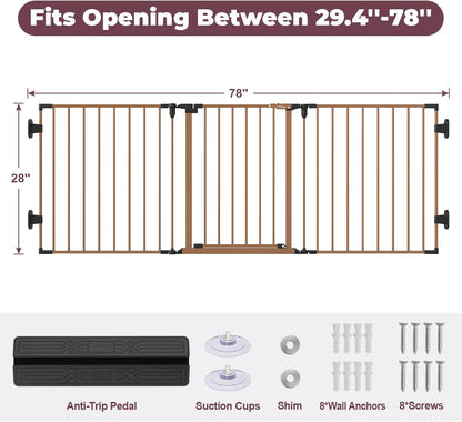 29.4-78" Extra Wide Baby Gate, Long Dog Gates Indoor for Doorways Stairs, Essential Large Safety Gate for Child Toddler with Anti-Trip Pedal, Adjustable Pet Gate, 28" Tall 3 Metal Panels Black