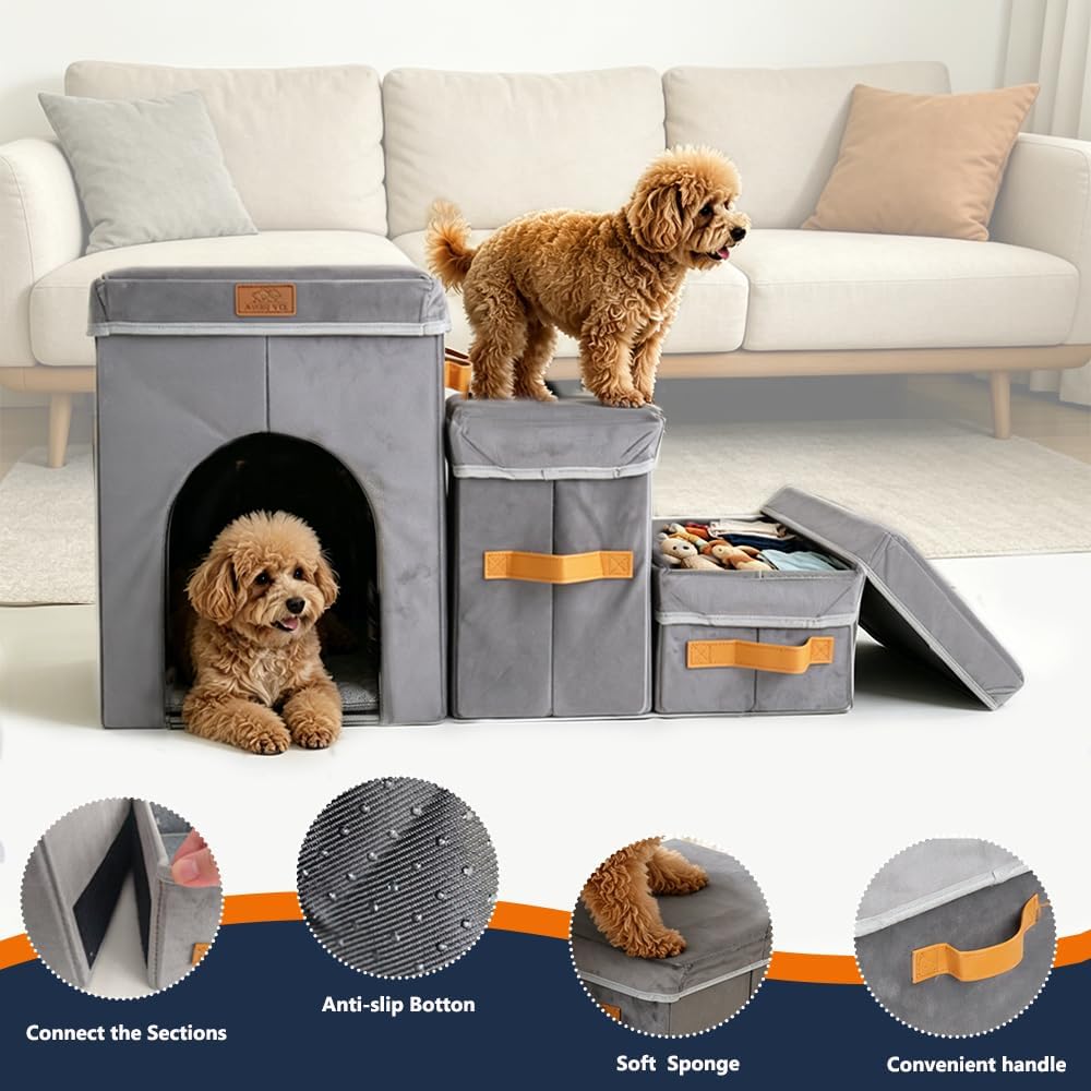 17" H Dog Stairs for High Beds, Multifunctional Pet Ramp with Storage & Condo for Small Medium Large Older Dog, 3-Step Foldable Cat Stairs for Climbing Car Sofa,Supports up to 120 Lbs