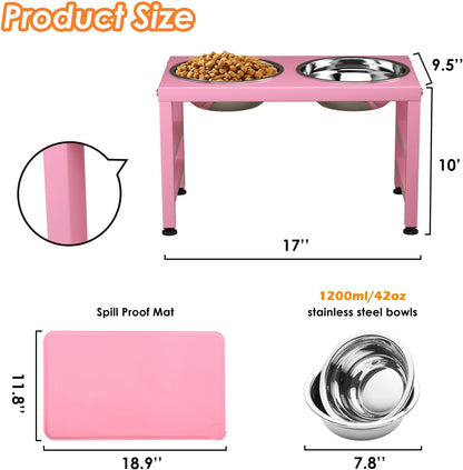 ADENGL Metal Raised Dog Bowl, 10" Tall Elevate Dog Feeder Stand with 2 Stainless Steel 42oz Bowls & 16x24 Non-Slip Mat – Stronger Dogs Food & Water Bowl Stand (Black)