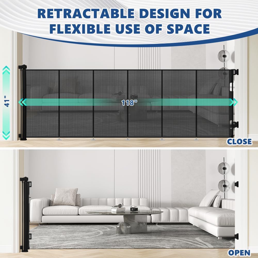 AGESISI Retractable Baby Gate Extra Wide, 149” Wide x 41” Tall Mesh Dog Gates for Stairs & Doorways, Pet Dog Fences One-Hand Operation Child Safety Gate for Indoor or Outdoor, Easy Installation, Black