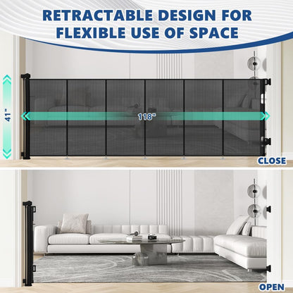 AGESISI Retractable Baby Gate Extra Wide, 149” Wide x 41” Tall Mesh Dog Gates for Stairs & Doorways, Pet Dog Fences One-Hand Operation Child Safety Gate for Indoor or Outdoor, Easy Installation, Black