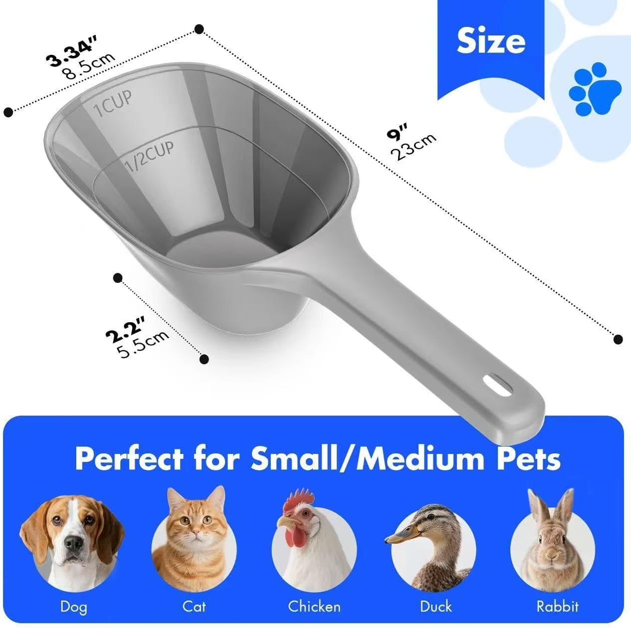 Food Scoop, Cup Capacity Dog Food Scooper With Measuring Lines For Dog, Puppy and Cat Coffee Bean Scoop, Flour Scoop 2 Pack (Grey)