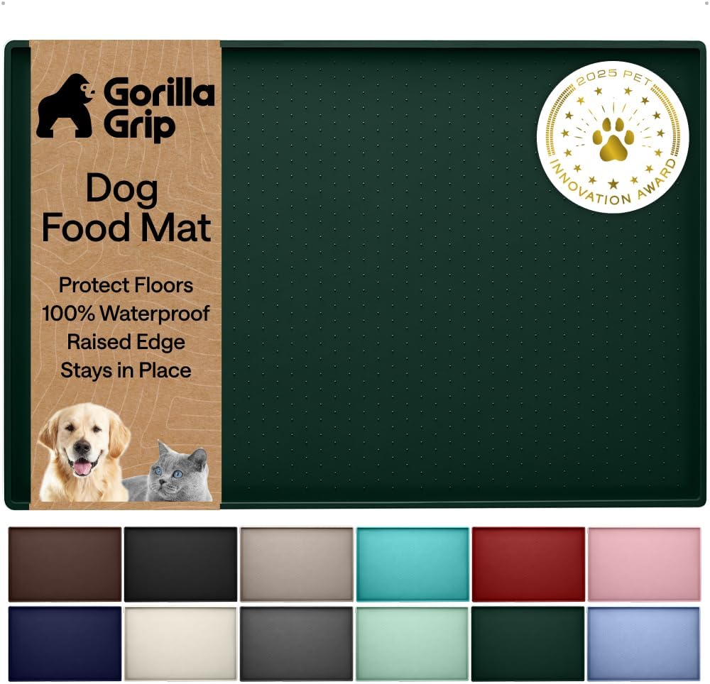 GORILLA GRIP 100% Waterproof Raised Edge BPA Free Silicone Pet Feeding Mat, Dog Cat Food Mats Contain Spills Protects Floors, Placemats for Cats and Dogs Water Bowl, 18.5x11.5, Gray