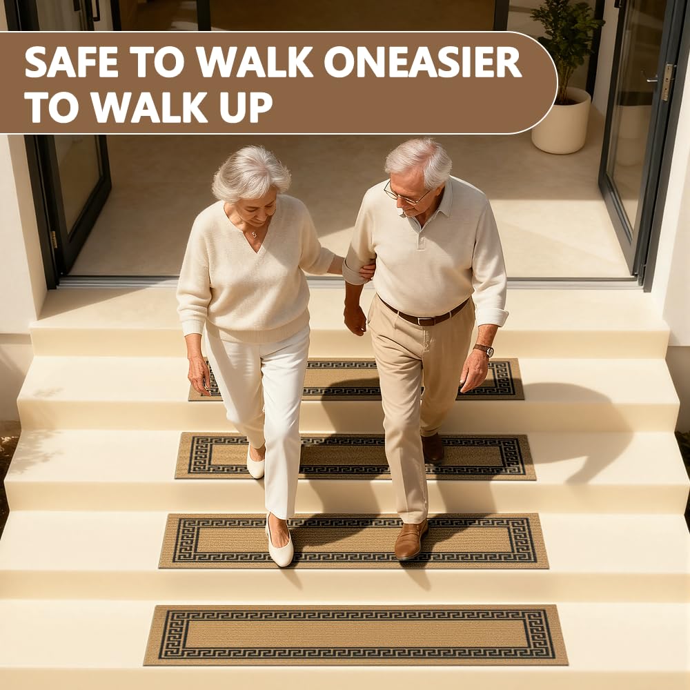 Outdoor Stair Treads for Wooden Steps, Non-Slip Rubber Brown Stair Runner Rugs, 6 Pcs 8.5" x 30" Heavy Duty Stair Mats for Outside Steps, Weatherproof Grip for Elders, Dogs & Kids, Black Border.