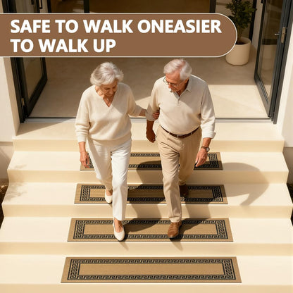 Outdoor Stair Treads for Wooden Steps, Non-Slip Rubber Brown Stair Runner Rugs, 6 Pcs 8.5" x 30" Heavy Duty Stair Mats for Outside Steps, Weatherproof Grip for Elders, Dogs & Kids, Black Border.