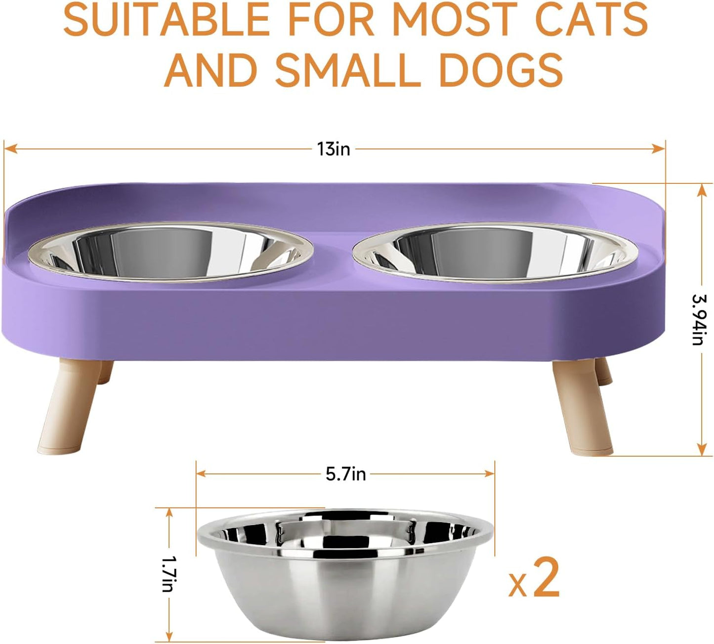 Elevated Cat Bowl, Raised Cat Food and Water Bowl Set for Indoor Cats, Splash Proof with 2 Stainless Steel Pet Food Bowls for Cats and Puppies, Whisker Fatigue and Dishwasher Safe - White