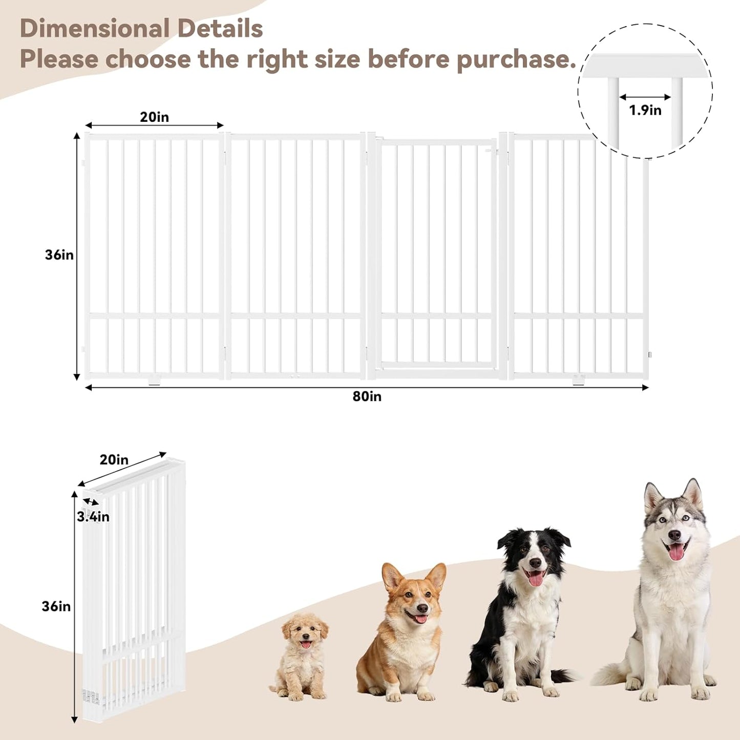 SNUOWU Full Metal Freestanding Dog Gate with Door, 32''Height Foldable Pet Dog Fence for Indoor & Outdoor, 4 Panels Extra Wide Free Standing TallDog Gates for Doorways,House,Stairs,Porch,Deck,Yard