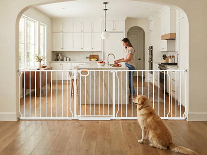 Baby Gates Extra Wide for Large Opennings with Door Pressure Mounted 90.6-95.2 Inch Extra Wide Baby Gate Dog gate for Doorways Indoor Metal Gate No Drilling with Walk-Through Door,White