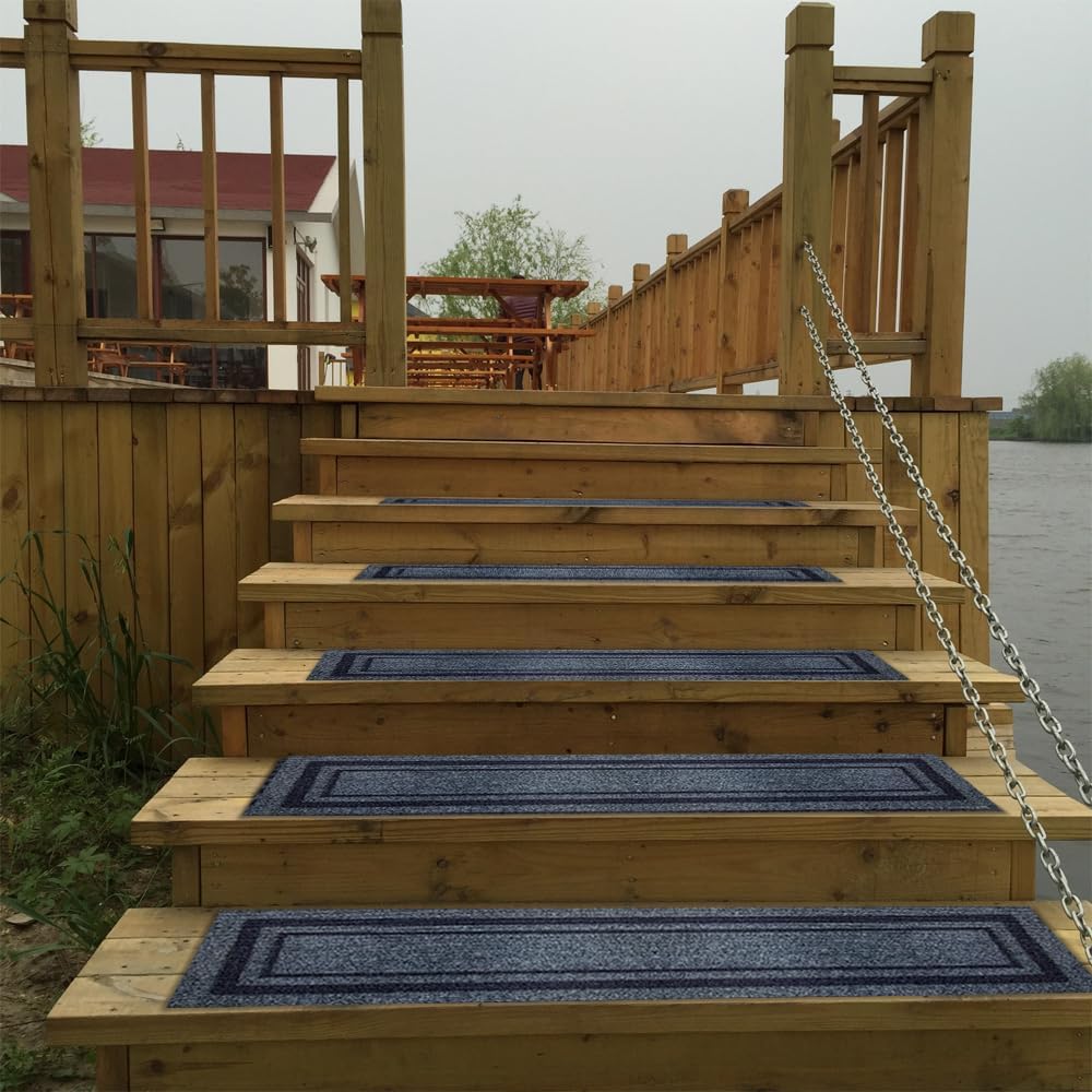 Aucuda 8.5" x 30" Outdoor Stair Treads for Dogs on Wooden Steps Spring, Non Slip Stair Runner Rug Heat Insulation Rubber Backing, Frame Staircase Mat Carpet for Indoor Grip Farmhouse. (6pcs)