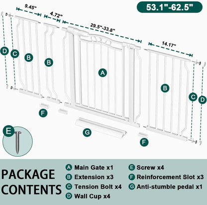 Fairy Baby 62.5"-71.6" Extra Wide Baby Gate Pressure Mount, Long Large Dog Gate Indoor Doorways Stairs, No Drill Safety Child Gate for Kids with Double Lock, Walk Thru Pet Gate for Puppy Doggy, Black