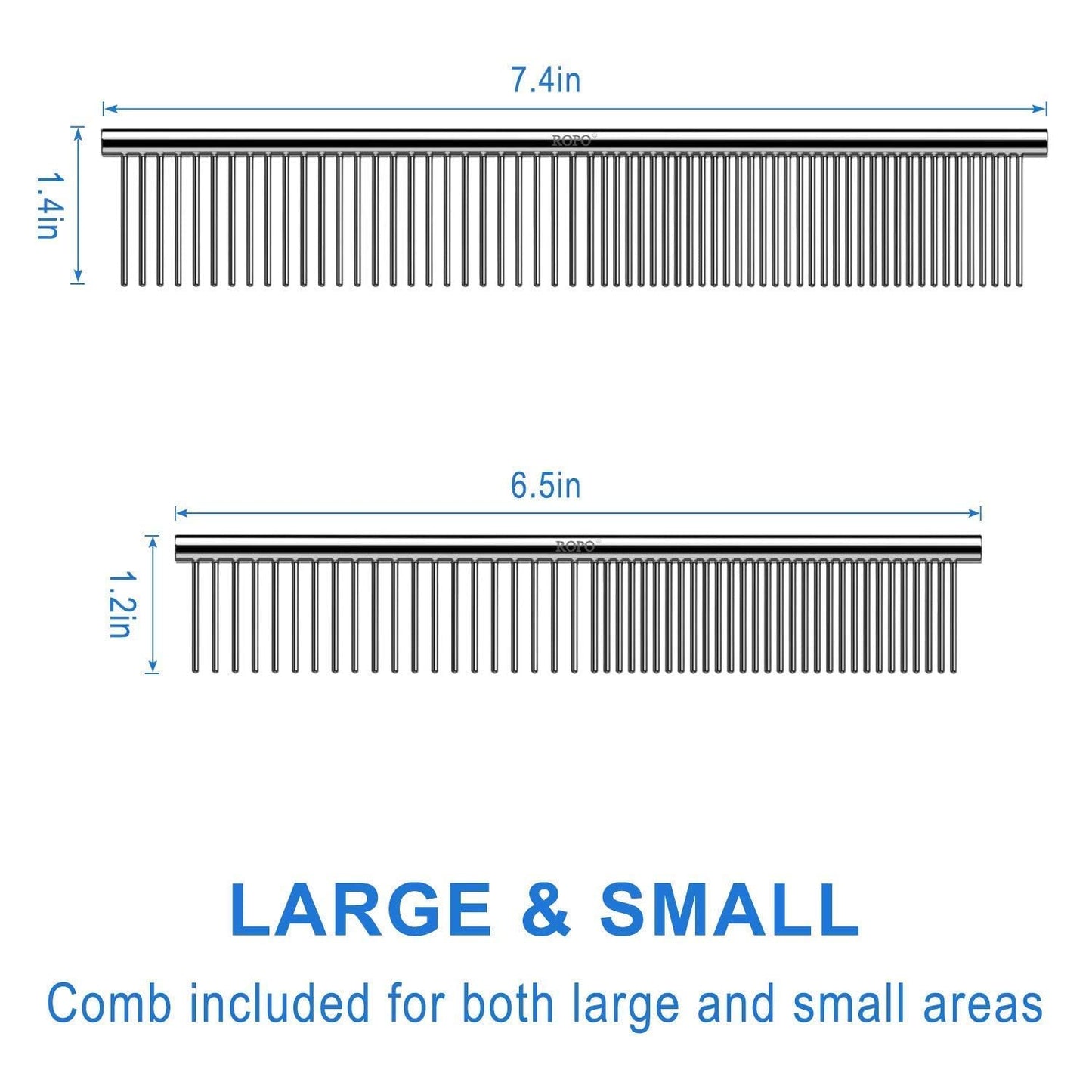 CWXZSTM Pet Steel Combs Dog Cat Comb Tool for Removing Matted Fur - Pet Dematting Comb with Rounded Teeth and Non-Slip Grip Handle - Prevents Knots and Mats for Long and Short Haired Pets,6.5IN/7.4IN