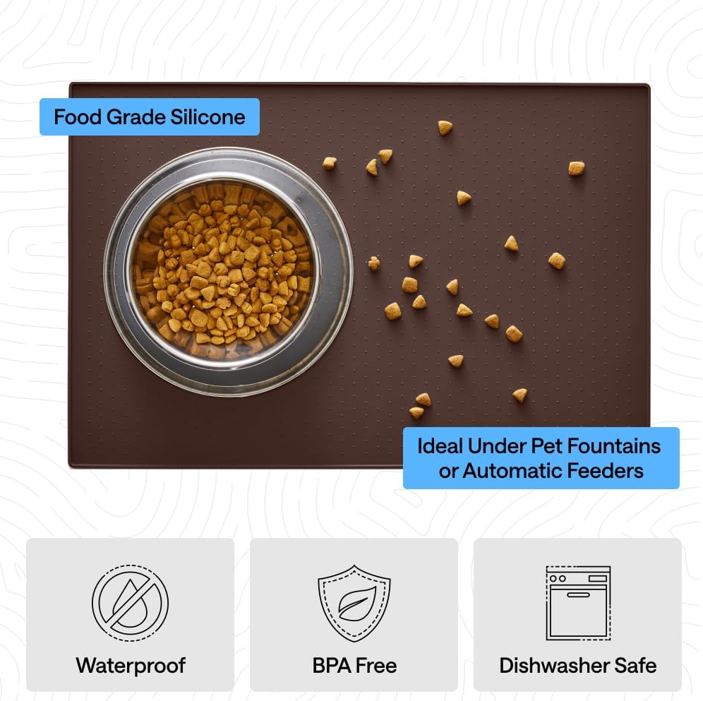 GORILLA GRIP 100% Waterproof Raised Edge BPA Free Silicone Pet Feeding Mat, Dog Cat Food Mats Contain Spills Protects Floors, Placemats for Cats and Dogs Water Bowl, 18.5x11.5, Gray