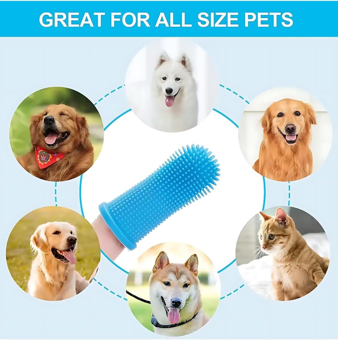 Gomoly Pet Toothbrush, 360 ° Dog Tooth Cleaning Set, Cat Finger Cover Toot-hbrush for Cleaning Tongue Coating and Tooth Care, Pet Silicone Finger Cover Toothbrush Set of 2 with Case (Blue),Large
